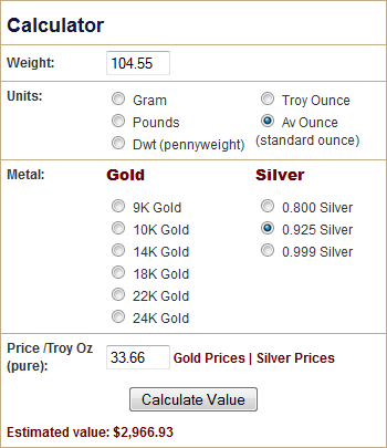 Price of sterling store silver by ounce